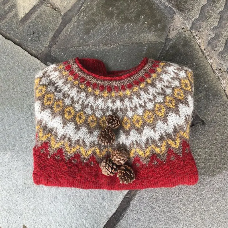 Vintage Geometry Icelandic Pattern Color Block Comfy Sweater