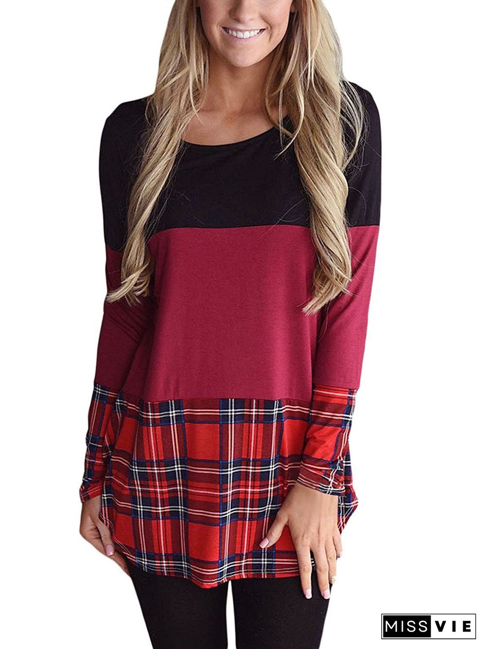 Women's Scoop Neck Long Sleeve Plaid Tops