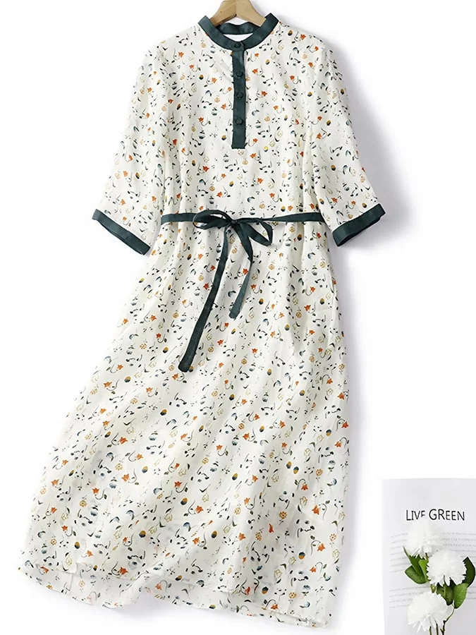Lace-Up Ramie Floral Color-Block Three-Quarter-Sleeve Mid-Length Dress