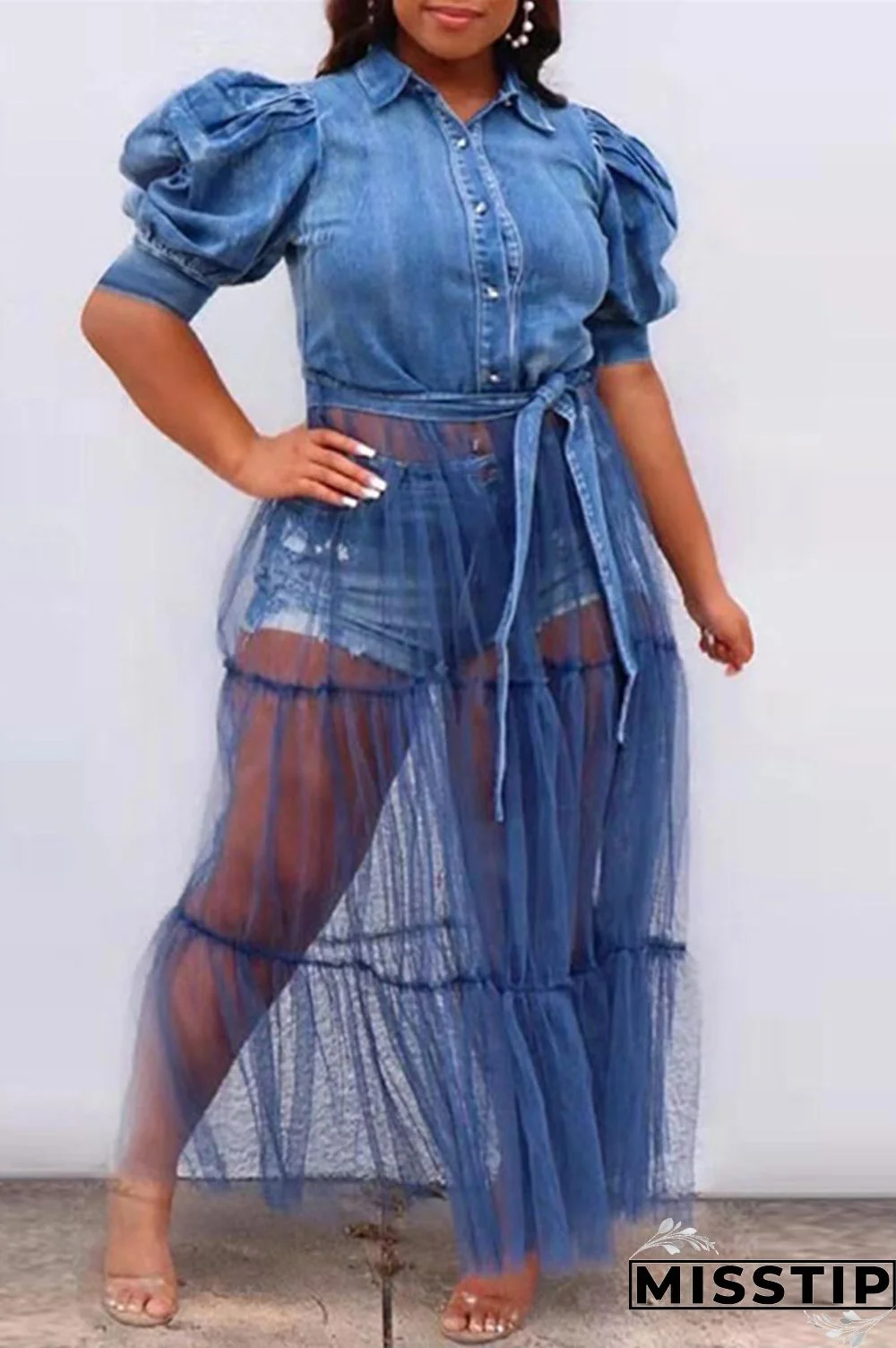 Deep Blue Fashion Casual Plus Size Patchwork Mesh Turndown Collar Short Sleeve Dress