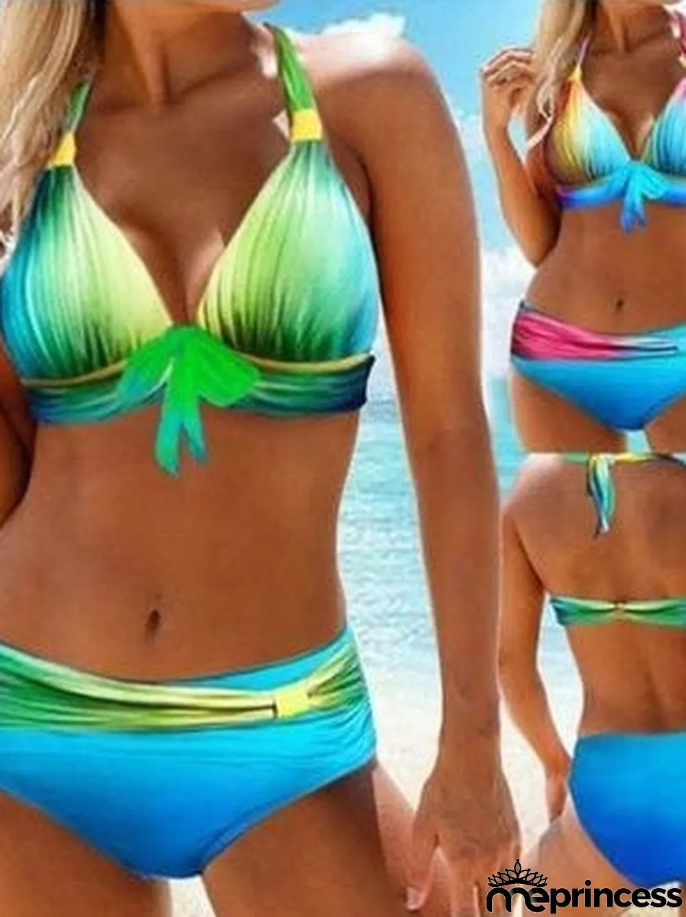 Women Sleeveless V-neck Geometric Tie Dye Bikini Swimwear