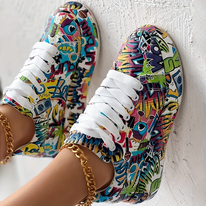 Fashionable & Comfy Women's Graffiti Print Low-Top Sneakers: Versatile Faux Leather, Lace-Up, Spring-Perfect Casual Footwear