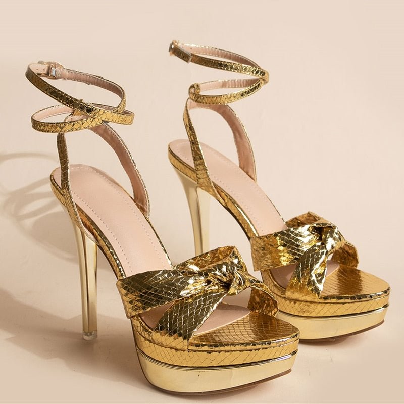  2022 Female Sandals Summer PU Platform New Golden Snake Pattern 13 CM Heels Sandals Size 43 Nightclub Shoes Party Shoes