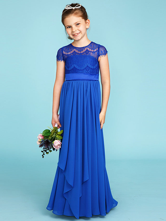 Princess / A-Line Crew Neck Floor Length Chiffon / Lace Junior Bridesmaid Dress With Sashes / Ribbons / Bow(S) / Wedding Party / See Through