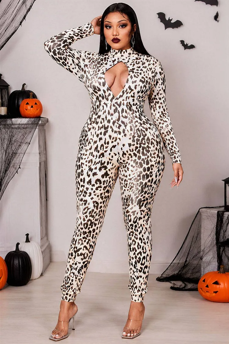 Xpluswear Design Plus Size Casual Halloween Costume Khaki See-Through Long Sleeve Leopard Print Knitted Jumpsuit (Without Headwear)（Ships 24h） 2024 - Xpluswear