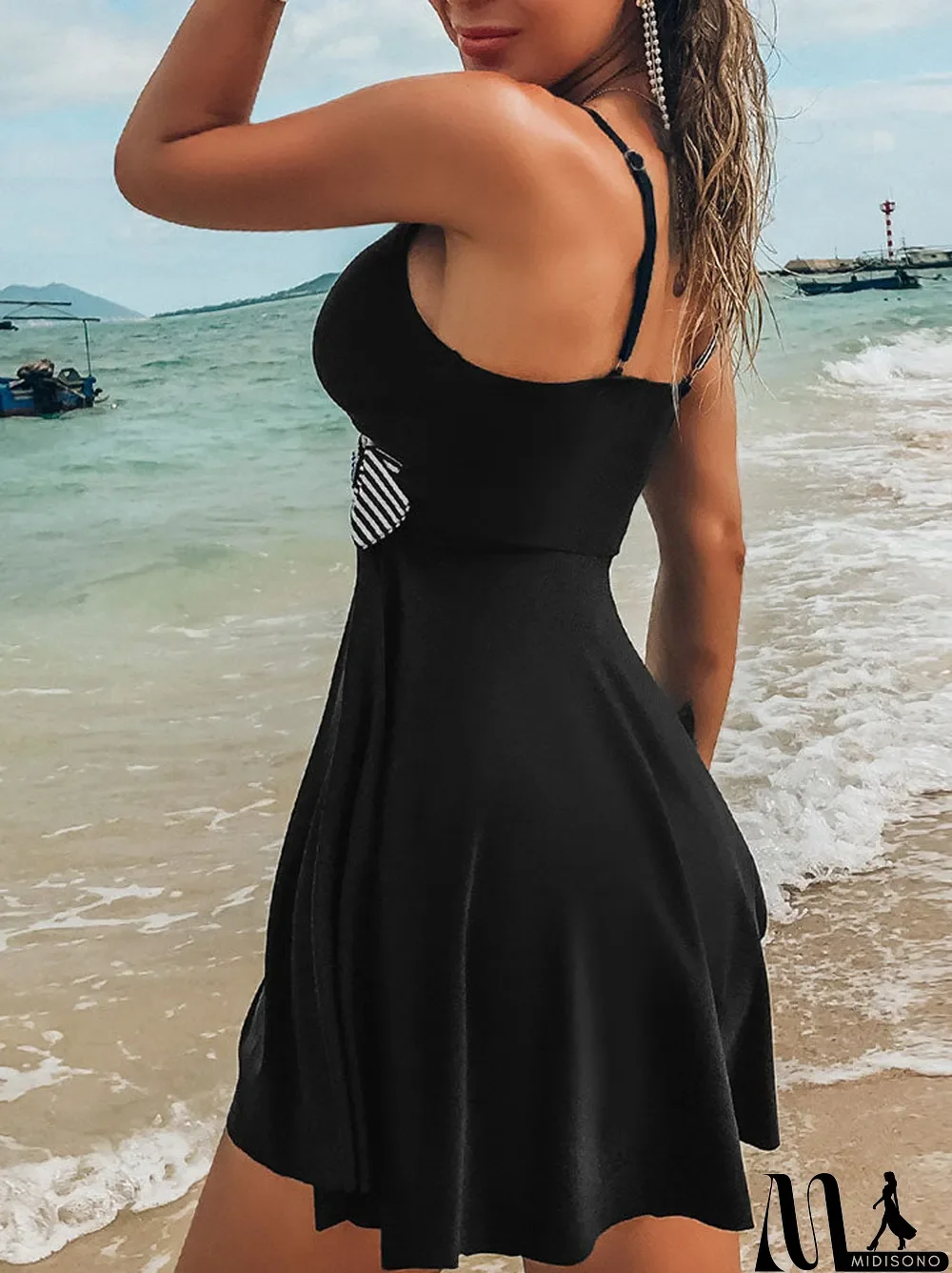 MidiSono - Women Swimdress V-neck Sleeveless Print Stitching Swimsuit with Shorts