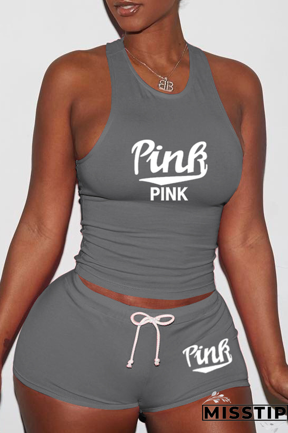 Pink Sexy Print Patchwork U Neck Sleeveless Two Pieces