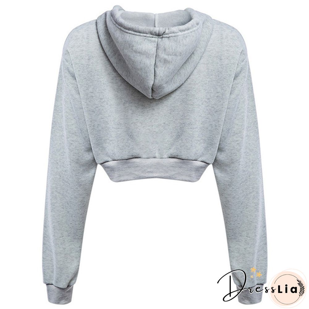 Fashion Womens Sexy Casual Cotton Plain Stitching Long Sleeve Hooded Short Sweatshirt Crop