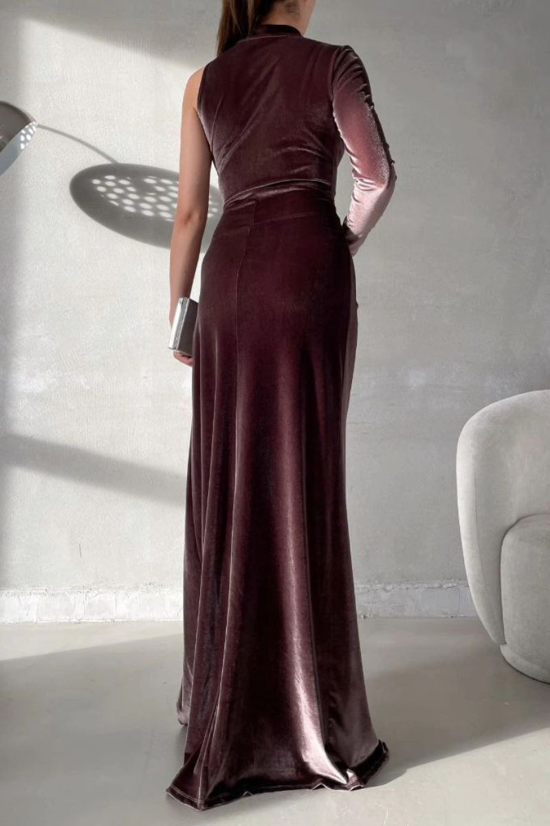 Miabel Charming Black Velvet One Shoulder Long Sleeves Long Prom Dress with High Split 
