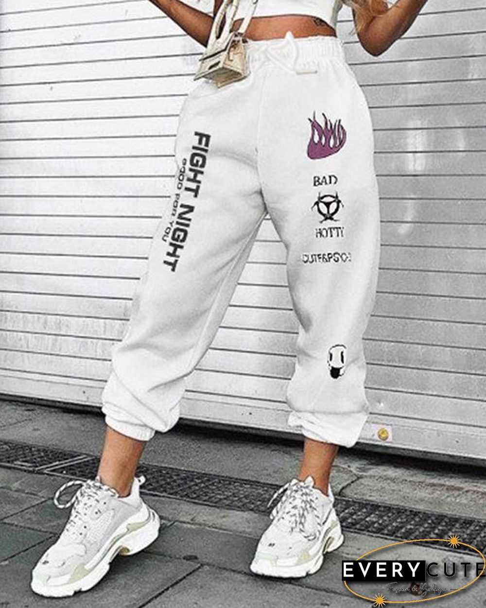 High Rise Lace Up Lettering Graffiti Print Sweatpants