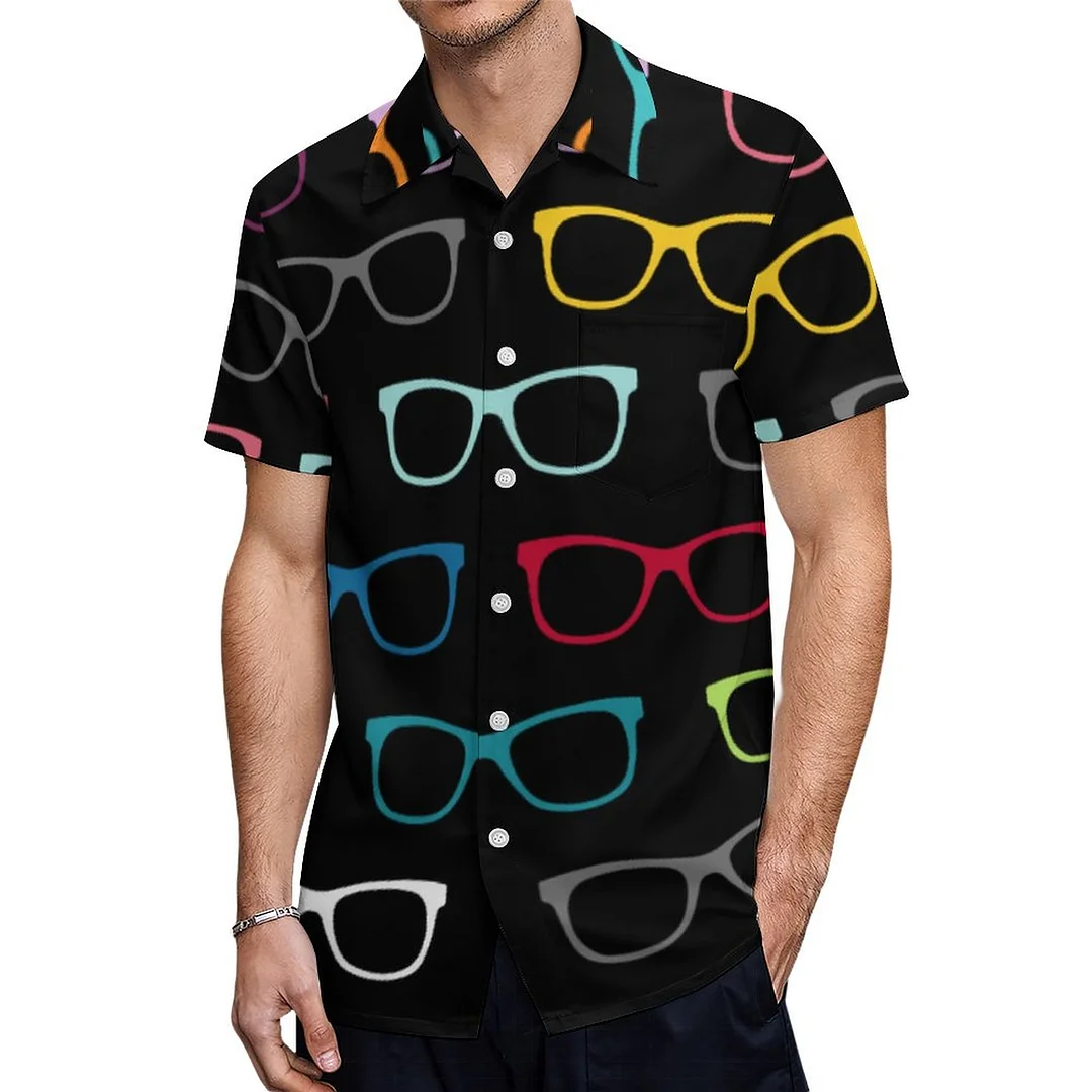 Short Sleeve Colorful Hipster Glasses Black Hawaiian Shirt Mens Button Down Plus Size Tropical Hawaii Beach Shirts