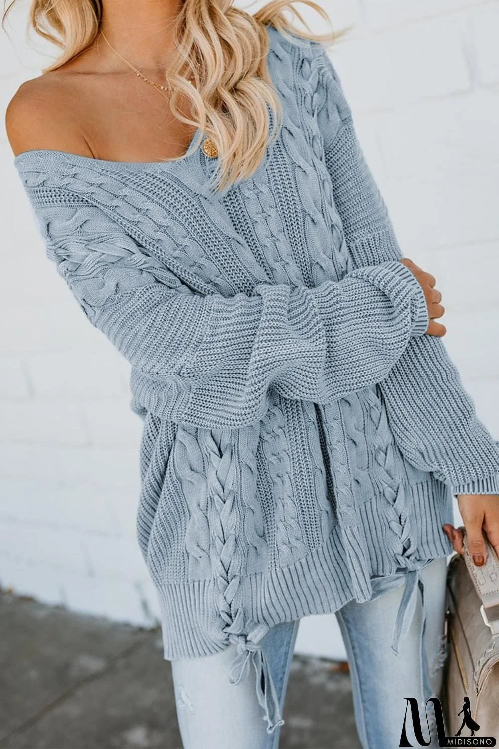 MidiSono - Love Letters Cable Knit Lace Up Sweater