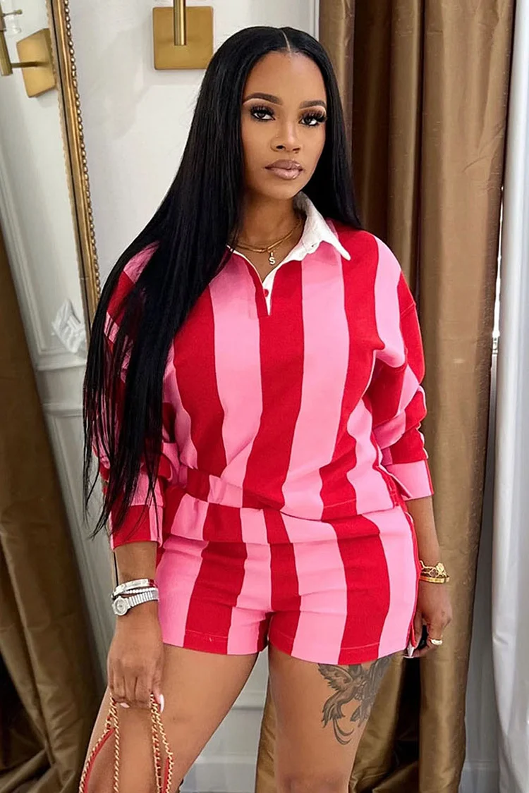 Colorblock Striped Long Sleeve Polo Shirt Shorts 2pcs Set-Red [Pre Order]