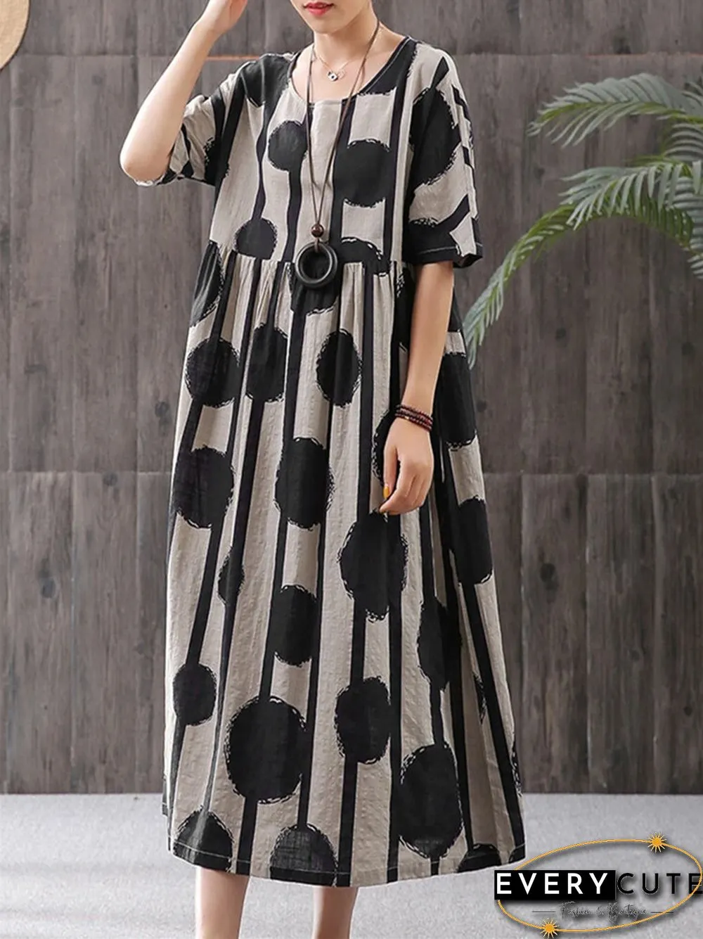 Dot Print Round Neck Pullover Short Sleeve Large Loose Casual Medium Length Dress