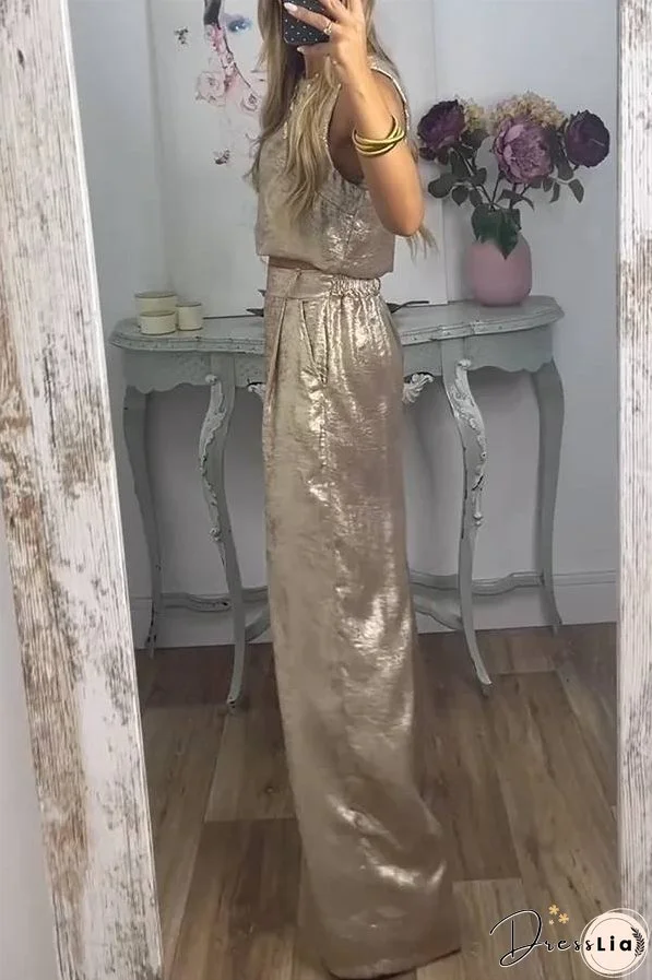 Rita Metallic Fabric Back Buttons Crop Tank and Elastic Waist Pocketed Wide Leg Pants Set