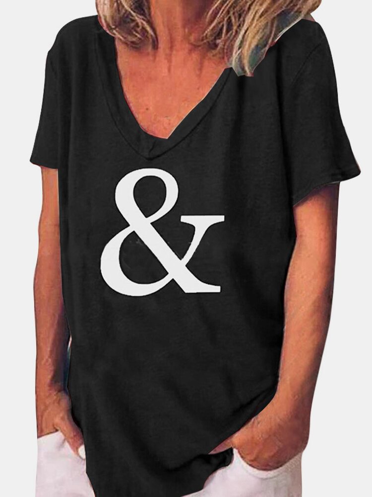 Casual Letter Printed Short Sleeve V neck T shirt For Women P1665748