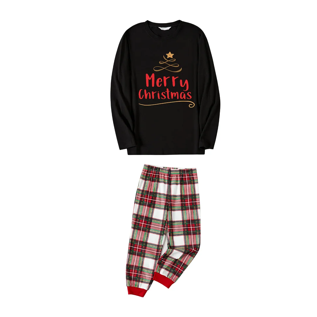 Merry Christmas Under Tree (Gold) - Black Top with Red & White & Green Plaid Pants Family Matching Pajama