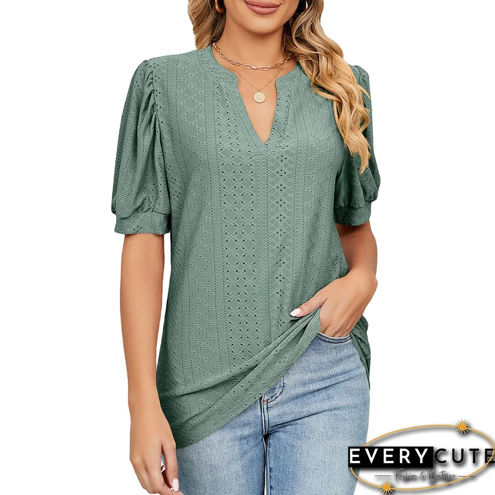 Green V Neck Hollow-out Puff Sleeve T-shirt