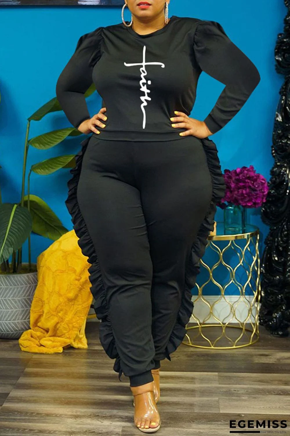 Black Casual Print Patchwork Flounce O Neck Plus Size Two Pieces | EGEMISS