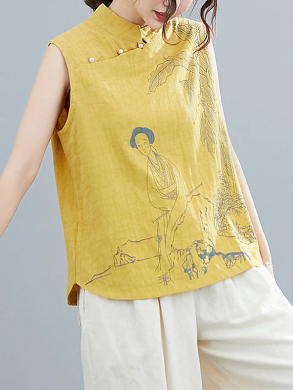 Artistic Retro Chinese-Style Printed Buttoned Stand Collar Sleeveless Vest