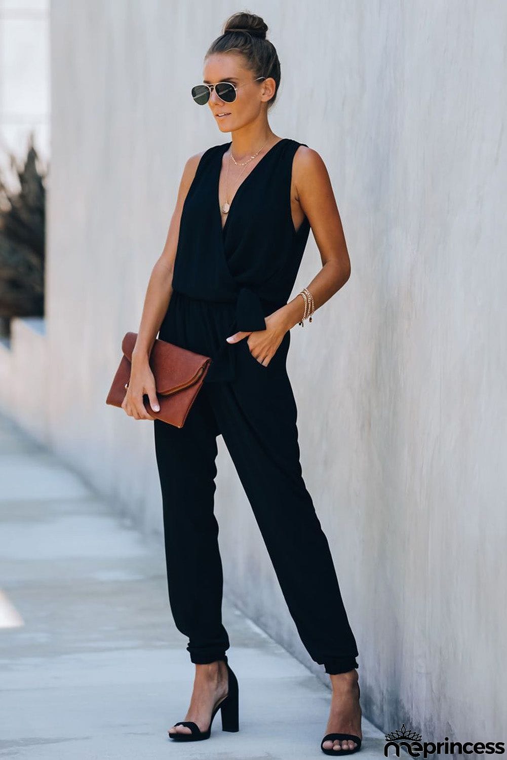 Deep V-neck Sleeveless Solid Jumpsuit