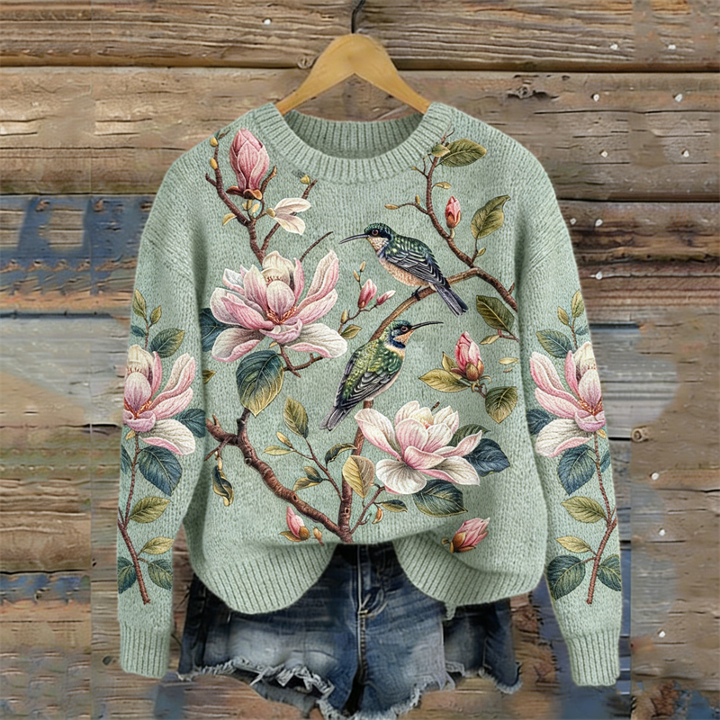 Humming Birds & Flowers Cozy Knit Sweater wearshes