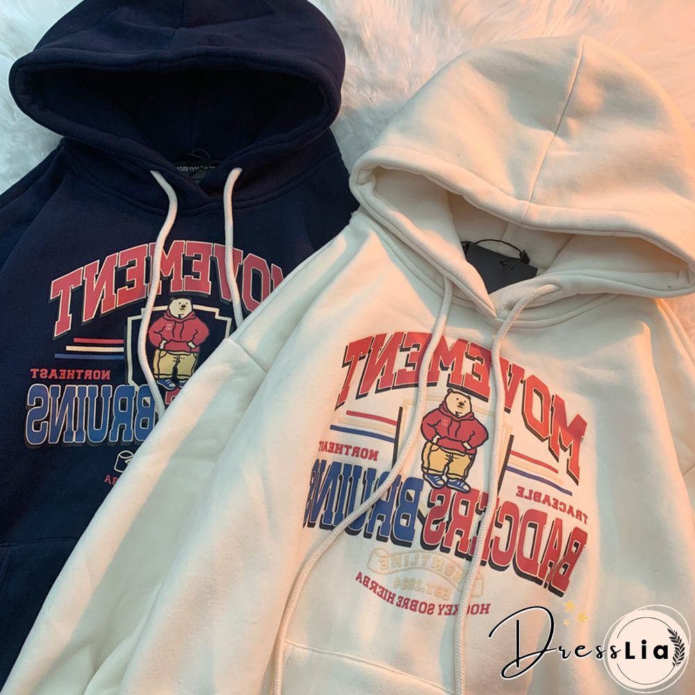 Unisex Street Retro Bear Letter Offset Hoodie