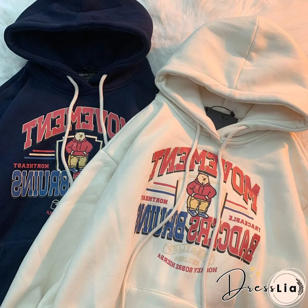 Unisex Street Retro Bear Letter Offset Hoodie