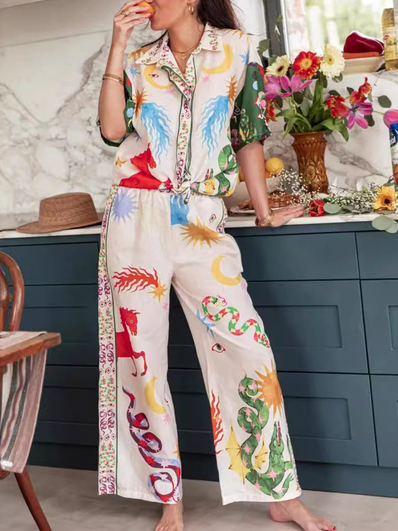 BOHEMIAN BEAUTY UNIQUE PRINT SHORT SLEEVE LOOSE SHIRT AND ELASTIC WAIST PANTS SET