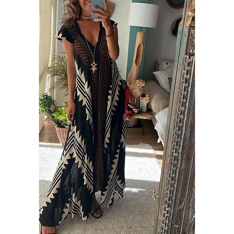 Cabo Dreams Ethnic Print V-neck A-line Maxi Dress