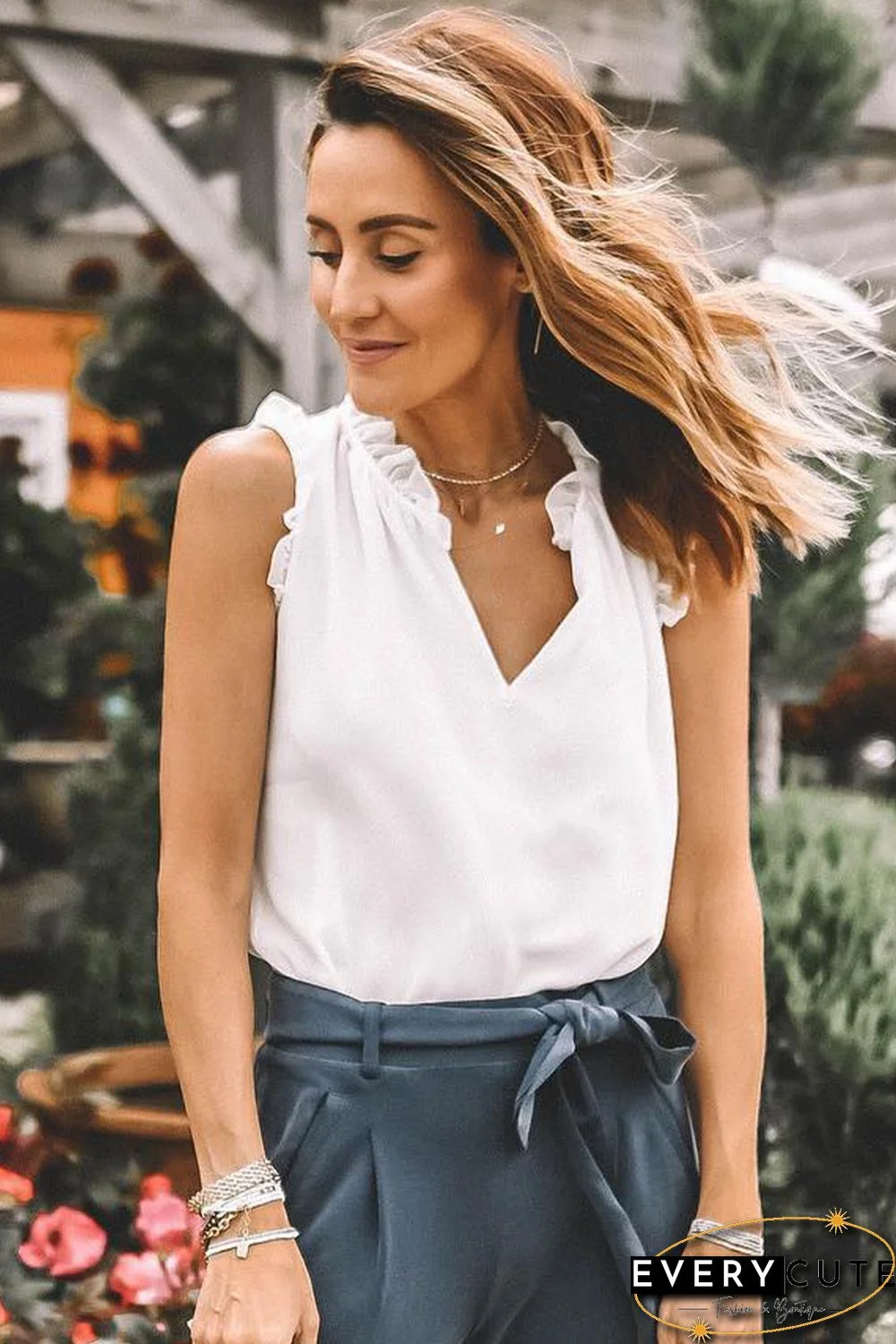 White Solid Color V Neck Frill Trim Tank Top