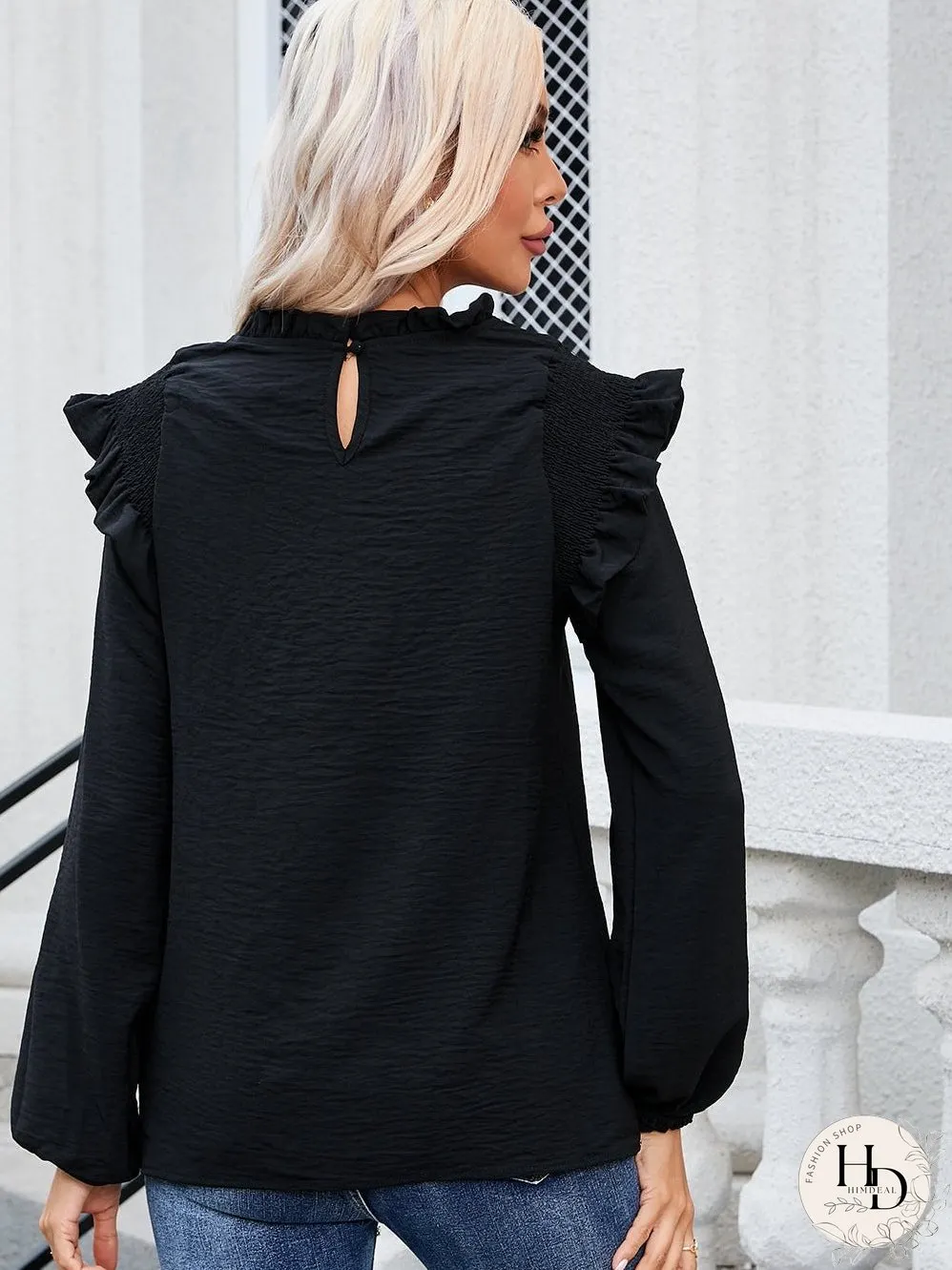 Elegant Black Ruffled Shoulder Bubble Sleeve Blouse