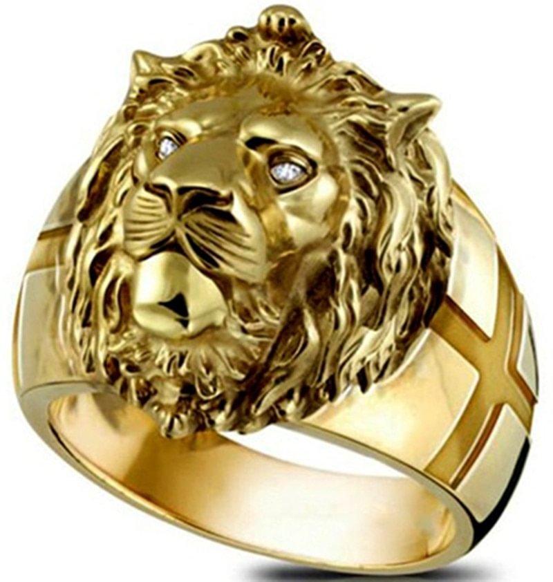 Golden Cross Lion Head Ring for Men-VESSFUL
