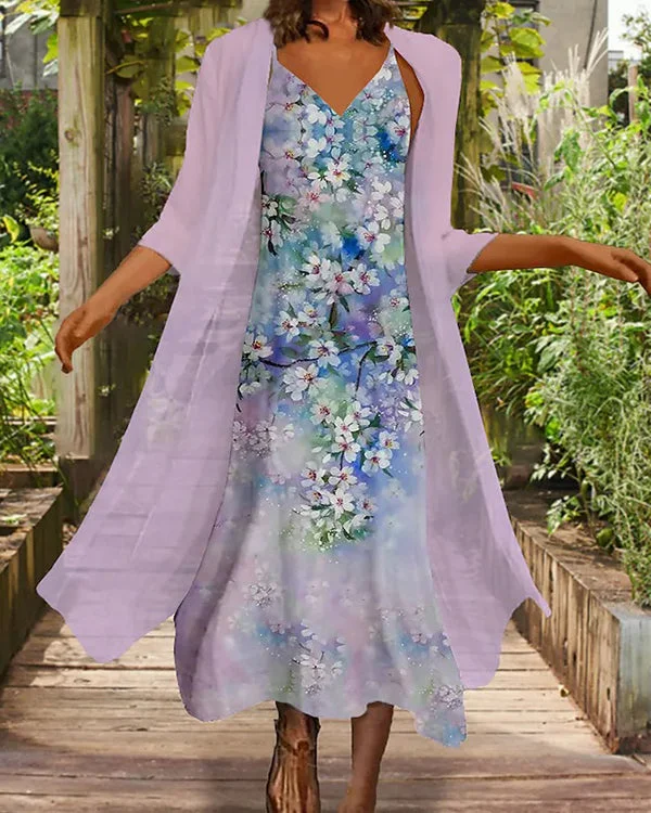 Half Sleeve Printed Round Neck Casual Sexy Fake Two Piece Dress