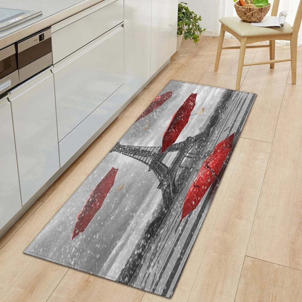 Kitchen Carpet Home Entrance Doormat Bedroom Bedside Eiffel Tower Pattern Decor Floor Rug Hallway Balcony Bathroom Anti-Slip Mat