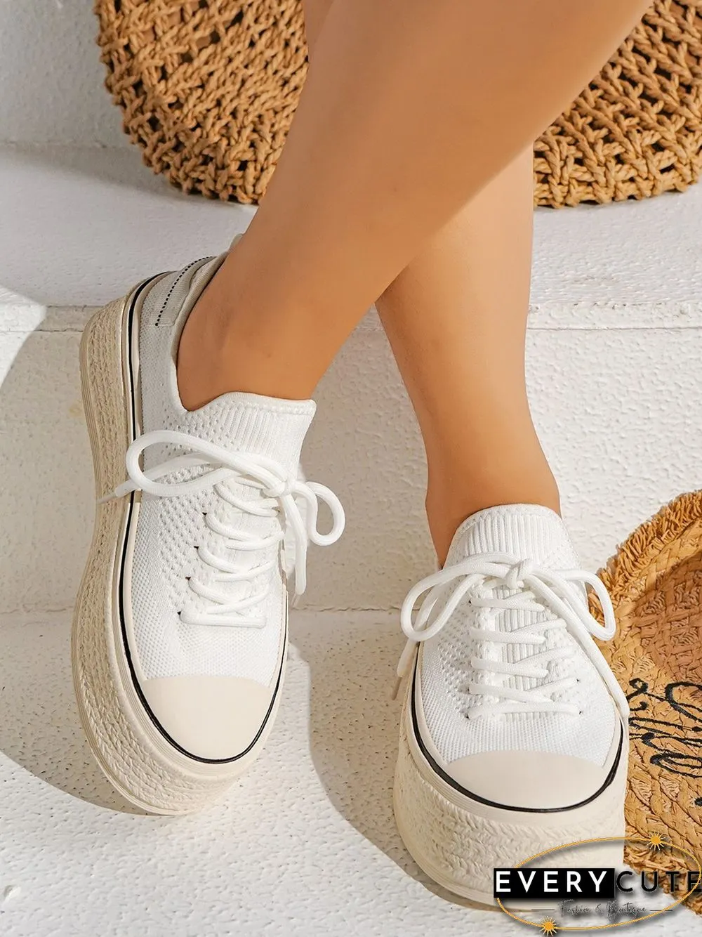 Fashionable Lightweight Breathable Lace-Up Platform Flyknit Casual Shoes
