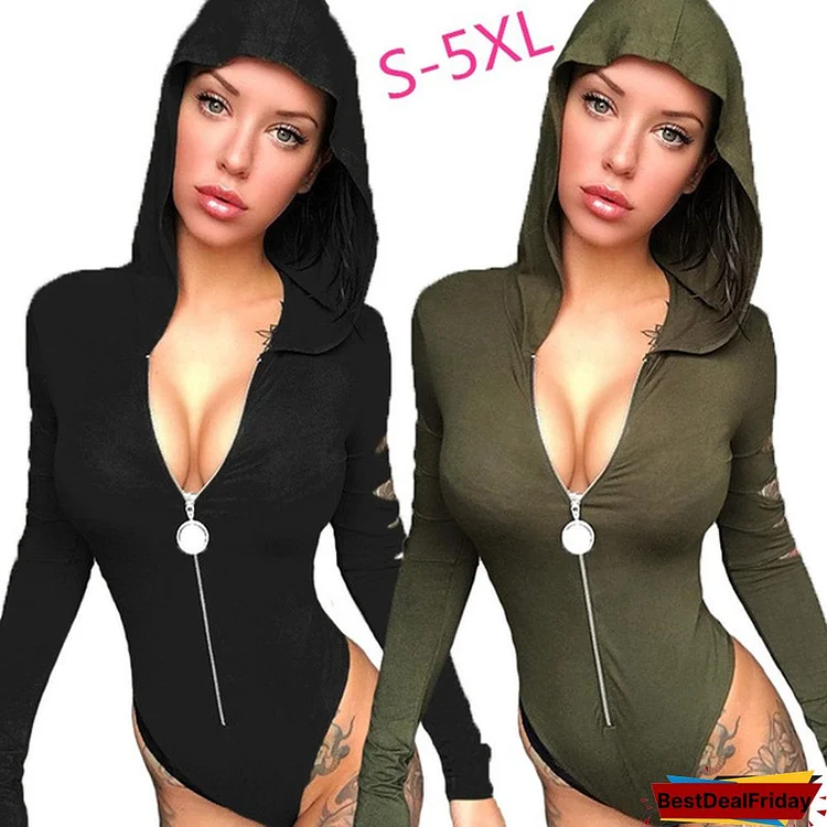 S-5XL Sexy Deep V Neck Ripped Hooded Bodysuit Fashion Women's Long Sleeve Bodycon Romper Zipper Jumpsuit