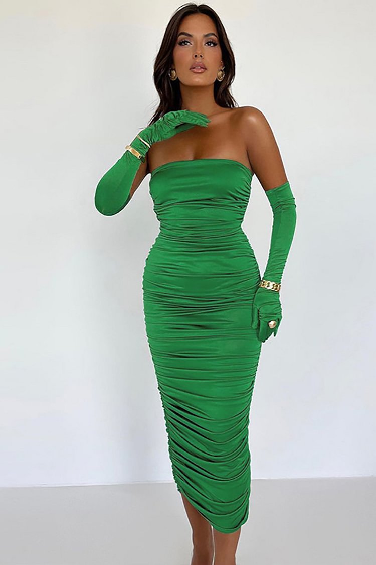 Elegant Strapless Ruched Bodycon Formal Party Midi Dress
