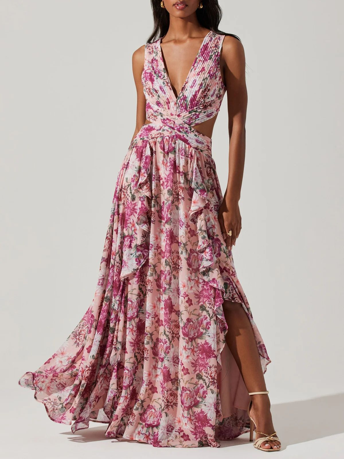 New Fashion Sexy Sleeveless V-neck Fit And Flare Print Floral Slim Fit Split Floor-Length Camisole Dress For Women