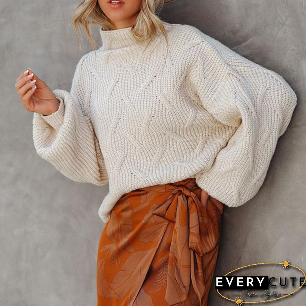White Textured Mock Neck Solid Color Sweater