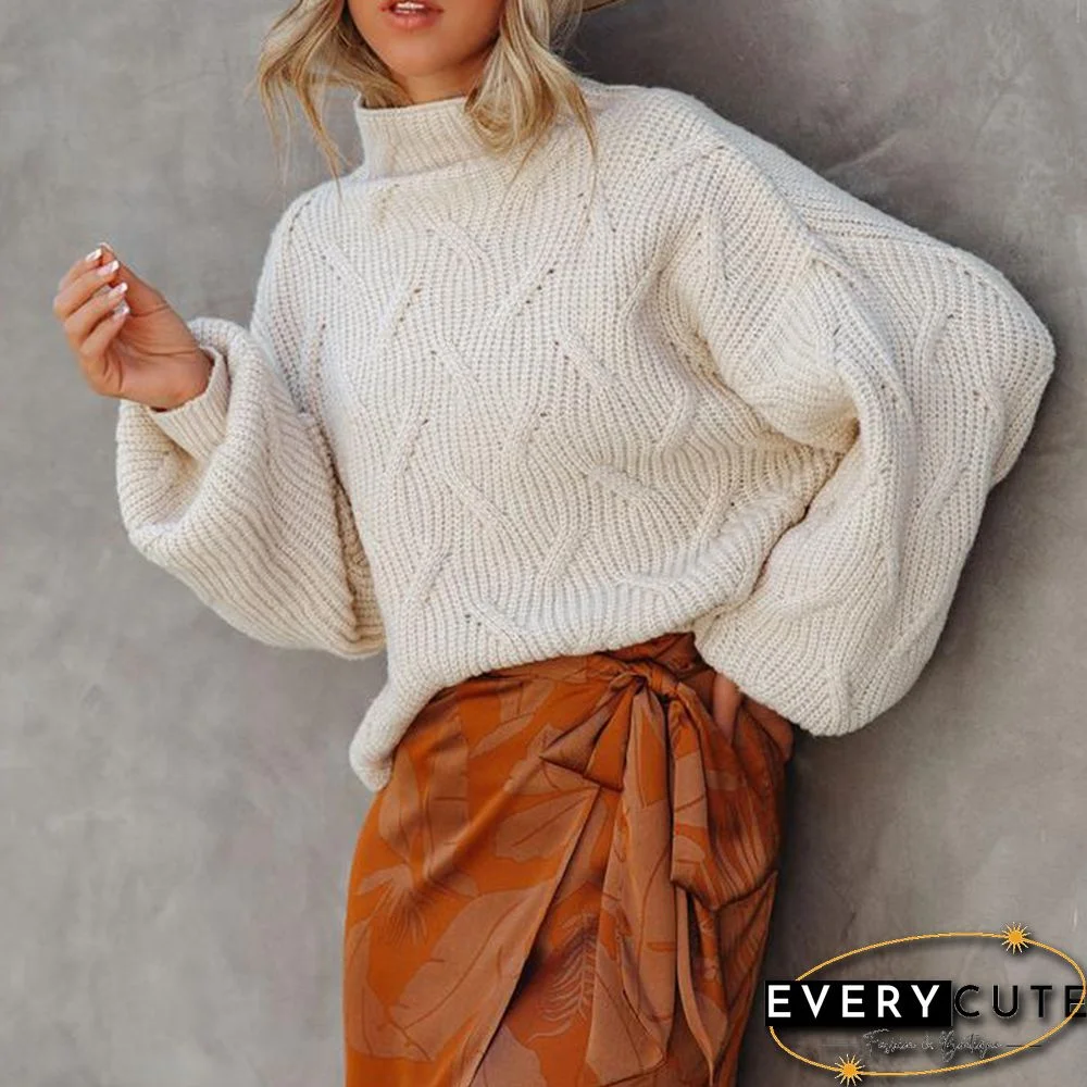 White Textured Mock Neck Solid Color Sweater