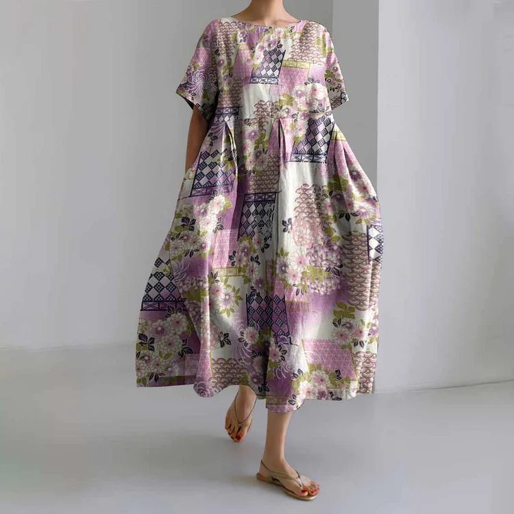 Comstylish Squares Patchwork Purple Floral Print Loose Midi Dress