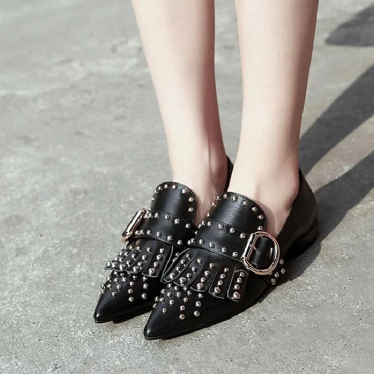 Black Vintage Fringe Flat Shoes with Studs Loafers Vdcoo