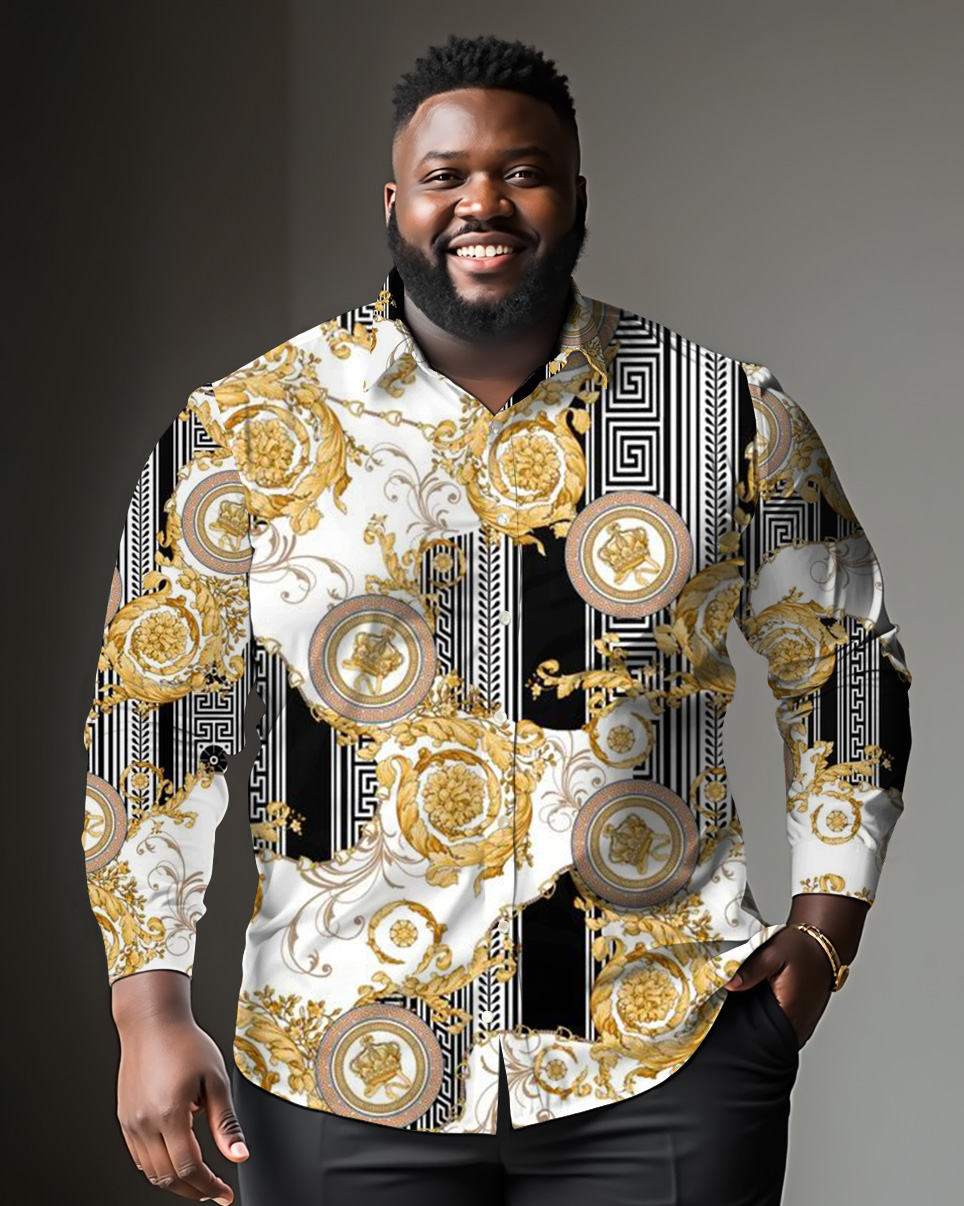 Men's Plus Size Crown Floral Stripes Casual Long Sleeve Shirt