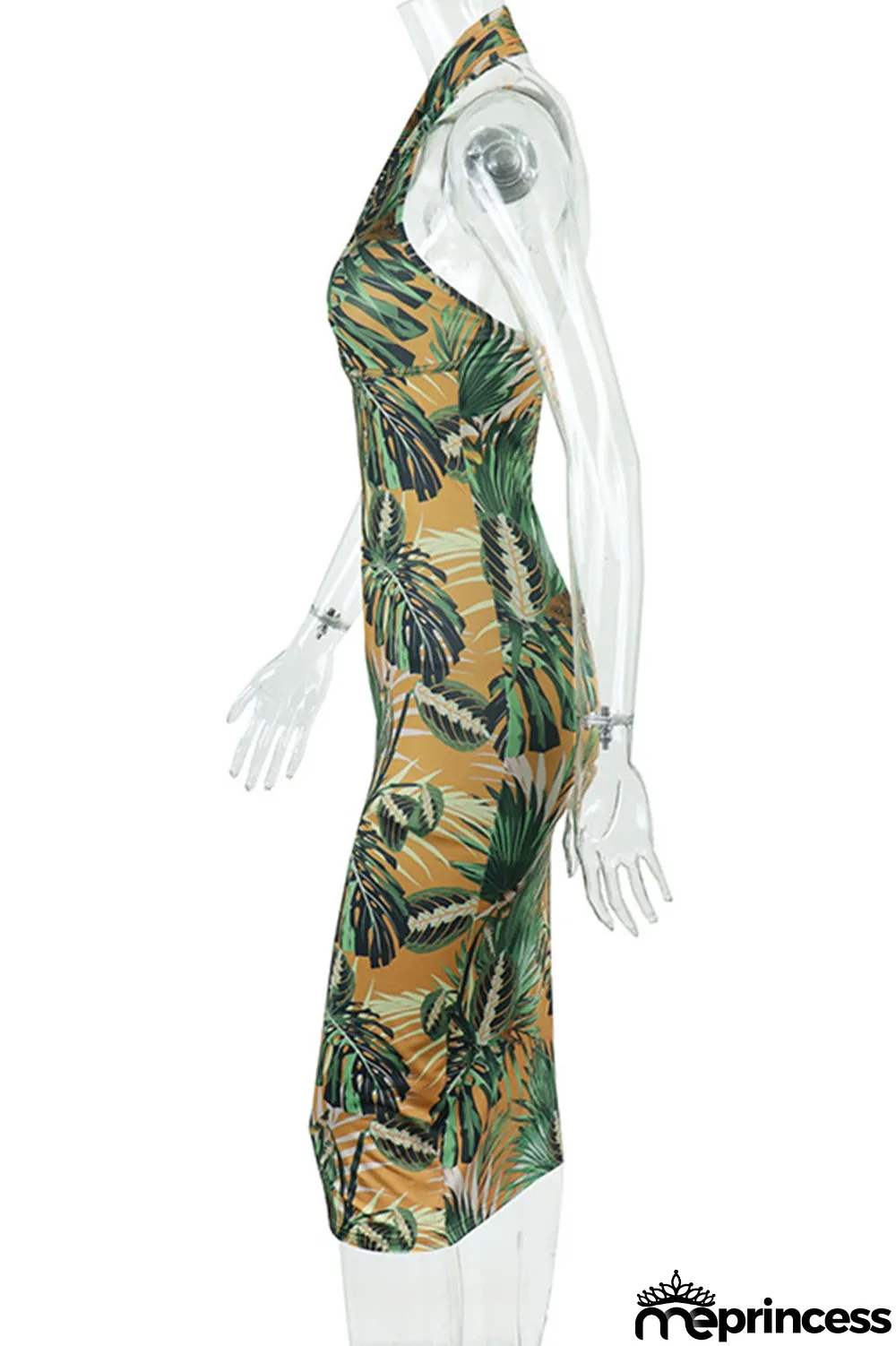 Green Sexy Print Hollowed Out Split Joint Backless Halter Pencil Skirt Dresses