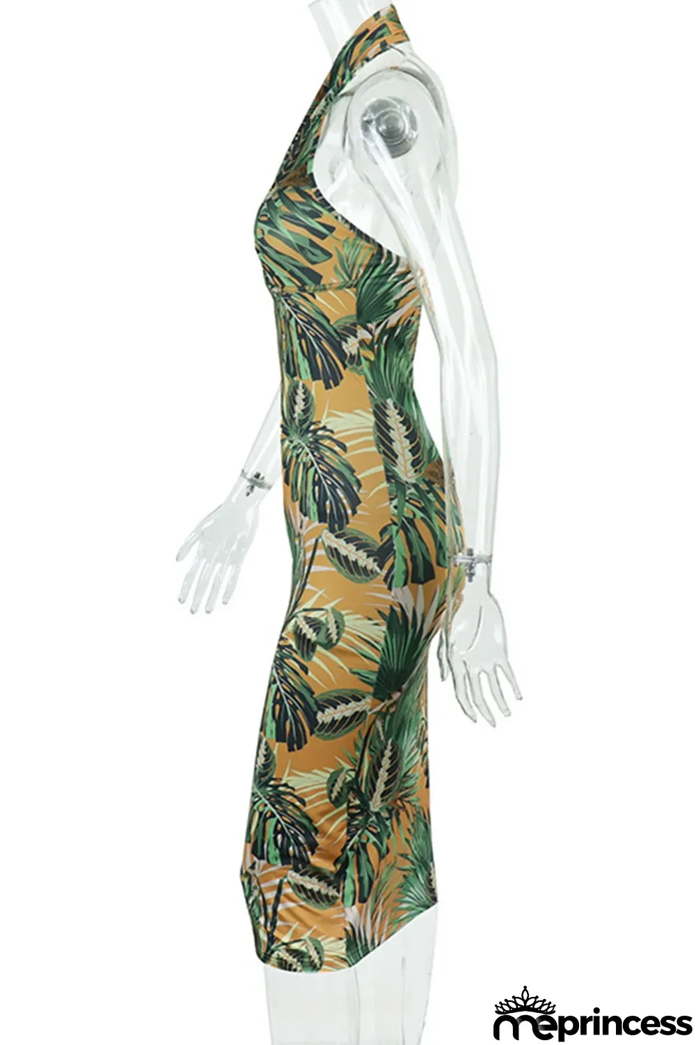 Green Sexy Print Hollowed Out Split Joint Backless Halter Pencil Skirt Dresses