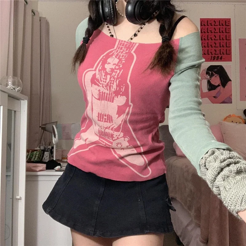 Xingqing Autumn Winter Graphic Pattern Long Sleeve Top Print Fairy Core Grunge Women Casual Vintage Fashion T Shirt Y2K Clothing