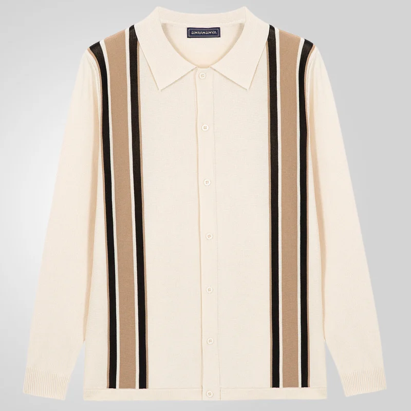 Uveng Uveng Men's Men's Spring Thin Knits Striped Splicing Business Long Sleeve Polo Shirts SY0149