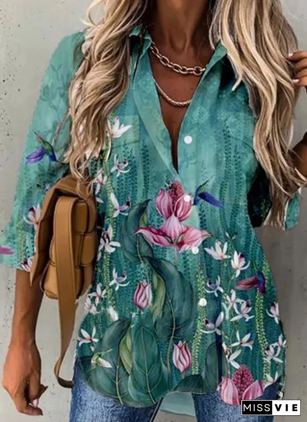 Lapel 3/4 Sleeve Printed Shirt