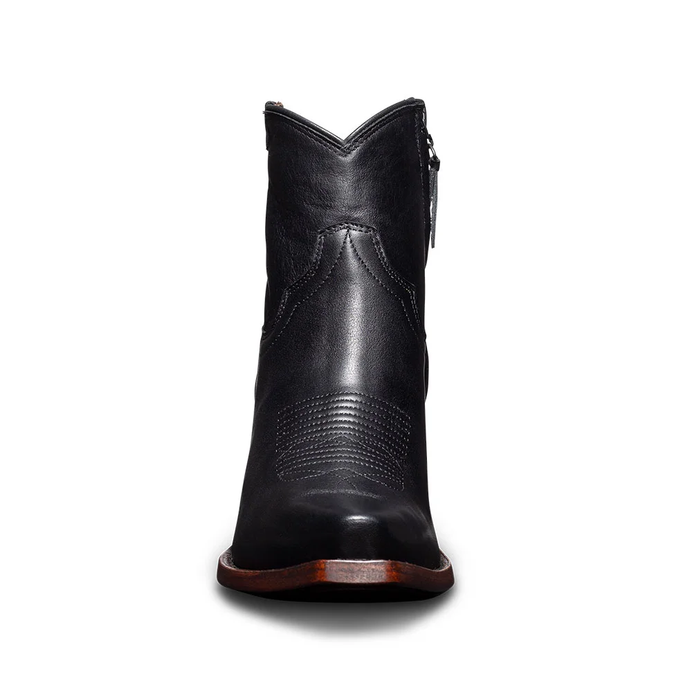 Black Snip Toe Chunky Heel Short Cowgirl Boots with Side Zipper